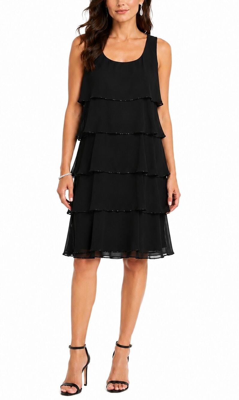 Patra Black Tiered Chiffon Cocktail Dress Beaded Trim Sleeveless Size 10
